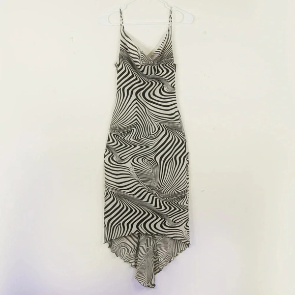 Vintage 90s Y2K White Black Stripe Abstract Line Print Asymmetrical Slip Dress - Picture 5 of 6